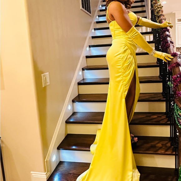 burnt yellow prom dress Sheer Yellow Crystals Lace Ruffled Tulle Trumpet Custom Prom Dress